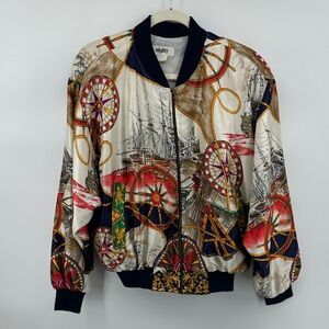 Mighty VTG Nautical Bomber Boxy Artsy 90s Maritime Ship Print Bomber Jacket SzL